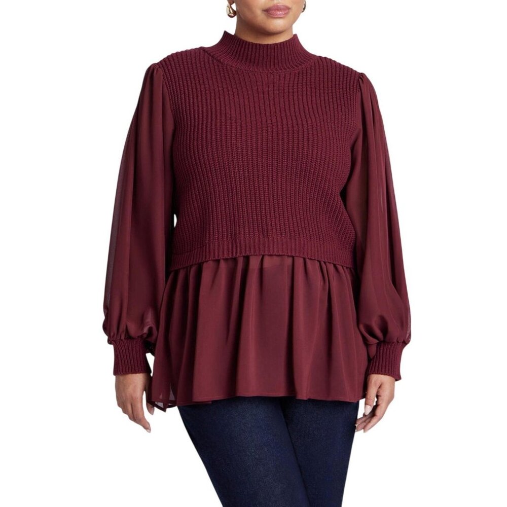 NWT ELOQUII Plus Size Twofer Sweater with Chiffon Maroon Banner Red 22W / 24W